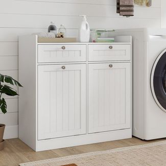COSTWAY Wäscheschrank Kippbar Badezimmerschrank mit Schublade & Wäschesack, weiß