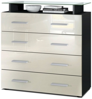 Vladon Sideboard Pavos V2, Kommode mit 4 Schubladen und Glasablage, Schwarz matt/Creme Hochglanz (76 x 81 x 35 cm)