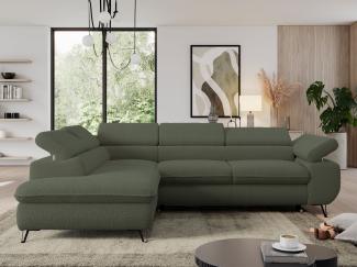 Ecksofa mit Bettfunktion, Modern Sofa, L-form, Einstellbare Kopfstützen, Bettkasten, PEDRO, 1x Ecksofa, 1x Topper, Grün, Boucle, links