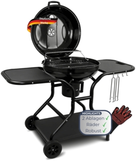 Kugelgrill Holzkohle EUGEN [Inkl. Handschuhe & Haken] BBQ Grill Holzkohlegrill mit klappbarem Deckel 55cm Grillwagen mit Rädern, Schwarz