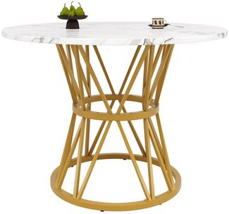 KLAM HOME Esstisch Runder Esstisch (100×100×76cm), Küchen-Esstisch, runder Couchtisch (stilvolle Tischbeine aus Metall, Tischplatte aus MDF-Marmor, Gold), geeignet für Esszimmer, Wohnzimmer