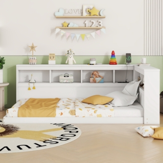 Merax Daybett Kinderbett Einzelbett 90x200cm mit Ablagefächer und Ladefunktion, Weiß