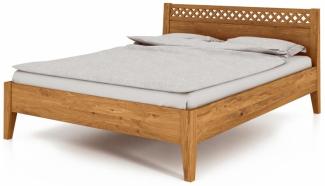 Bett Sydo 3 Sonderlänge 140x220 Wildeiche massiv mit Holzkopfteil und Holzbeinen