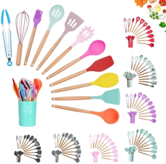 Küchenhelfer Set 12-tlg Silikon, Holzgriff, versch. Farben Bunt