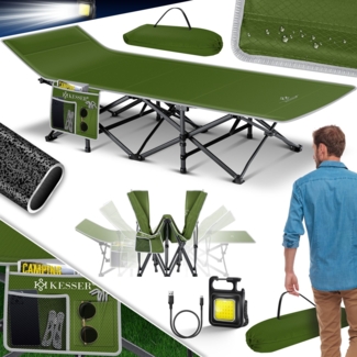 KESSER® Campingbett Feldbett Klappbar Klappbett Campingliege inkl. Tragetasche + Seitentasche Stabiles Feldbett 250kg Belastbar Metallrohr 600D Oxfordgewebe Tragbar Liege Reise Bequem Grün, 210 cm