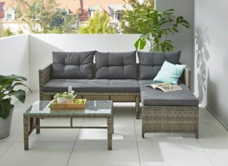 KONIFERA Gartenlounge-Set Cádiz, (Set, 7-tlg, 1x Eckbank, 1x Tisch 80x45x37cm, inkl. Auflagen, Stahl, Polyrattan), Tischplatte aus Sicherheitsglas, Balkonset, 3 Personen