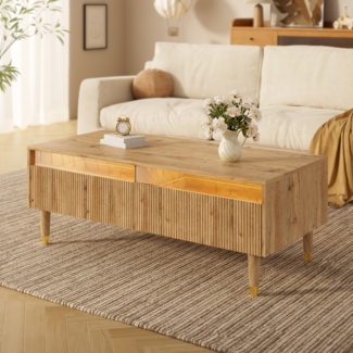 Moderner LED-Couchtisch, mit gewellter Schubladenplatte, gold-holzfarbene Beine, zwei Schubladen und farbwechselndem LED-Lichtstreifen, Holz/Metall/LED, Gold/Holz,