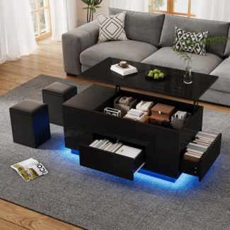 Merax Couchtisch 4-in-1 höhenverstellbarer Sofatisch mit LED, kaffeetisch mit 2 Schubladen, Hochglanztisch mit Sofa und 2 Hockern, Beistelltisch mit verstecktem Stauraum, Schwarz
