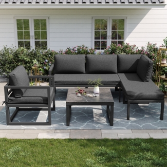 Merax Gartenmöbel-Set, Garten-Lounge-Set, Ecksofa mit verzinktem Eisengestell, verstellbare Beine, inklusive aller Sitz- und Rückenkissen, grau