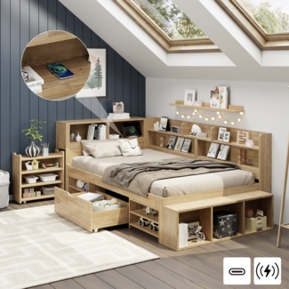 Merax Kinderbett 90 x 200 cm mit Schubladen, Bücherregal & Stauschrank, mit Lattenrost, ohne Matratze, Natur
