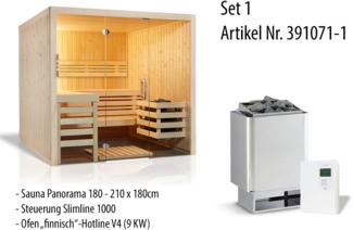 Infraworld Panorama 180 Saunakabine Elementsauna aus nordischer Fichte 210 x 180 x 203 cm Set mit Saunaofen Hotline V4 (9 kW), Steuerung Saunacontrol A und 15 kg Saunasteinen