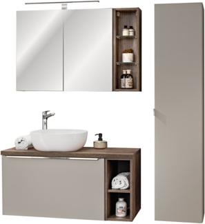 SANTA FE Badmöbel-Set 100 cm mit einer Waschtischplatte, einem Smile-Aufsatzwaschbecken, einem Hochschrank und einem Spiegelschrank (46x100cm), Graue Silizium,Eiche Santa Fe Vintage