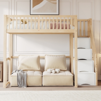 Merax Hochbett 140x200cm Kinderbett Jugendbett mit Sicherheitsaufbewahrungsleiter, Sicherheitsumrandung, Bettgestell aus massiver Kiefer, Holzfarbe