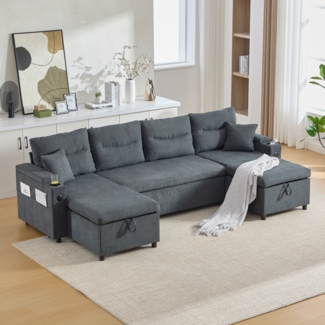 Flieks 4-Sitzer Schlafsofa aus Leinen, mit beidseitigen Chaiselongues, Stauraum, Seitentasche, Getränkehaltern und USB-Anschlüssen, Dunkelgrau