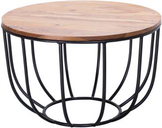 Kadima Design Industrial Couchtisch aus Sheesham Massivholz, Rustikaler Stil, Metallgestell, Korbdesign. 60x60x39 cm
