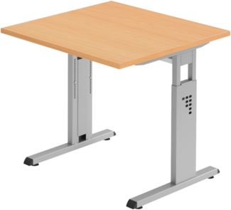 bümö höhenverstellbarer Schreibtisch O-Serie 80x80 cm in Buche, Gestell in Silber - PC Tisch klein für's Büro manuell höhenverstellbar, Computertisch verstellbar, OS-08-6-S