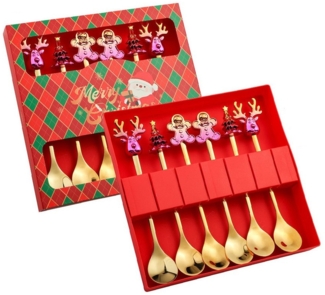 Coonoor Geschirr-Set 6 Stück Weihnachtslöffel Weihnachten Edelstahl Dessert Kaffeelöffel, Mit Weihnachtsbaum, Rentier, Weihnachtsmann und Lebkuchen dekoriert