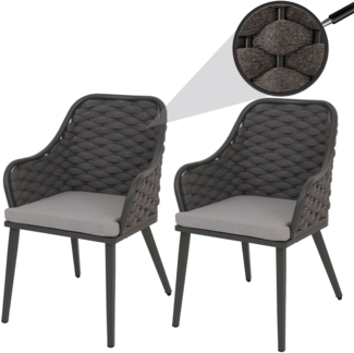 2er-Set Aluminium-Gartenstuhl HWC-O16, Outdoor Stuhl, Olefin (200 g/m²) Seilgeflecht Rope ~ anthrazit Kissen hellgrau