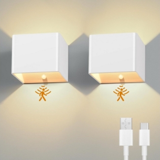 BlingBin LED Wandleuchte Akku Wandleuchte mit Bewegungsmelder Innen LED Kabellose Wandlampe, USB Aufladbare Wandbeleuchtung, LED fest integriert, Warmweiß, 5W 4400mAh Aufladbare Wandlampe mit Schalter