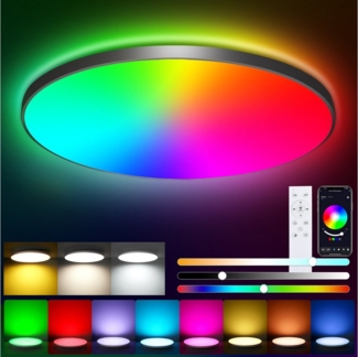 Oraymin Deckenleuchte Smartes RGB Schwarz Deckenlampe mit Fernbedienung und APP-Steuerung, CCT+RGB, LED fest integriert, Tageslichtlampen Farbwechsler, Küchenlampe Deckenleuchte, LED Panel Dimmbar, Tageslichtlampe Decke, CCT, RGB, Deckenleuchte Flach, ...