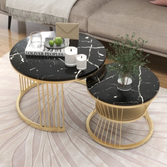 Couchtisch Set 2-tlg. Schwarz mit Marmoroptik,Nesting Tische rund,Beistelltisch Metallgestell Gold,70cm×70cm×47cm