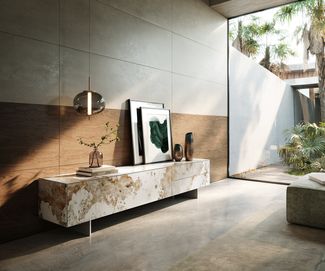 Lowboard Cuor 220 cm Keramik Minas Melange Weiß-Beige 1 Klappe 2 Schubfächer Fuß Schwebeoptik Edelstahl