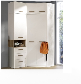 Marmex Möbel Grant Set 12N Hohe Mehrzweckschrank-Set, viel Stauraum, Eckschrank, Bücherregal, laminierte Spanplatte, weiß+riviera Eiche, 143x235x91 cm