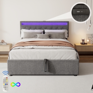 Gepolstertes Plattformbett 140x200 cm mit Stauraum, hydraulisch, LED-Umgebungslicht, USB + Typ-C, grau,inklusive Taschenfederkern