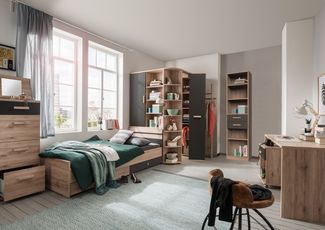 Jugendzimmer Cariba in Eiche San Remo und Graphit Kinderzimmer Komplett Set Made in Germany wahlweise mit Matratze und Lattenrost– in verschiedenen Varianten wählbar - 8 teilig , Eckkleiderschrank + Jugendbett + Bettschubkästen + Standregal + Schreibti...