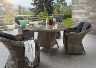 Destiny Garten-Essgruppe MALAGA LUNA, (Set, 5-tlg, 1 Tisch, 4 Sessel), (Set, 13-tlg, 4x Sessel, 1 Tisch Ø 100x75 cm) Alumninium, Polyrattan