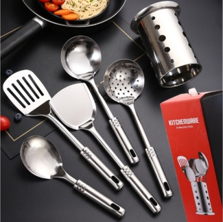 REDOM Kochbesteck-Set 6er Küchenutensilien Set Küchenhelfer mit Halter (aus Edelstahl, 6-tlg, inkl. Pfannenwender Suppenkelle Schaumlöffel Servierlöffel Wokwender), rostfrei spülmaschinenfest langlebig hitzebeständig