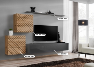 Wohnwand Switch Lamel V mit geriffelte Wotan Fronten und Grafit Hochglanz Fronten 250 x 150 cm 4-teilig