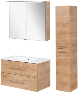 FACKELMANN B.PERFEKT Badmöbel Set 4-teilig 82 cm breit, Braun hell, Waschbecken Keramik Weiß + LED Spiegelschrank + Hochschrank