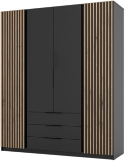 Selsey 'Kaja' Kleiderschrank 4-türig mit Lamellen & 3 Schubladen, schwarz, ca. 239 x 200 x 62 cm