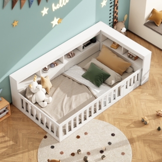 Merax Einzelbett Daybett, Schlafsofa, 90*200cm, Tagesbett, Bettseite mit Staufach, Bett mit Lattenrost, Brüstung, Mit Steckdose und usb, Weiß