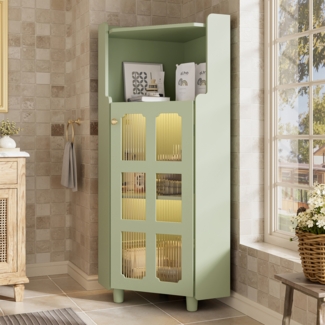 Eckschrank mit LED Beleuchtung APP, Lack MDF Feuchtigkeitsschutz, offen & geschlossen, Kippsicherung, für Bad Wohnzimmer,Grün