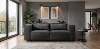 Sofa Designersofa NEVIO 2-Sitzer in Stoff Lincoln Schwarz