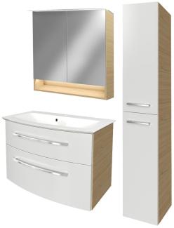 Fackelmann B.STYLE Badmöbel Set 4-teilig, 83 cm, Weiß/Braun + LED-Spiegelschrank + Hochschrank rechts