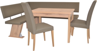 Moderne Eckbankgruppe in Eichedekor, Schenkel 150x182 cm, Auszugstisch, Kunstleder taupe