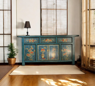 Vintage Sideboard Blau Orange Kommode chinesisch Kolonial-Stil Antik-Stil Schrank Lowboard asiatisch orientalisch Fernost shabby-chic Landhaus
