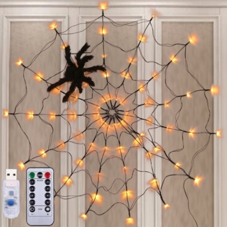 Jibenhome LED-Lichternetz LED Spinnennetz-Licht Halloween mit Fernbedienung & Timer, 8 Modi, Warmweiße LED Lichterkette für Garten, Party & Spukhaus