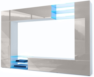 Vladon Wohnwand Mirage, Anbauwand mit Rückwand mit 2 Türen, 2 Klappen und 6 offenen Glasablagen, Weiß matt/Sandgrau Hochglanz, inkl. LED-Beleuchtung (262 x 183 x 39 cm)