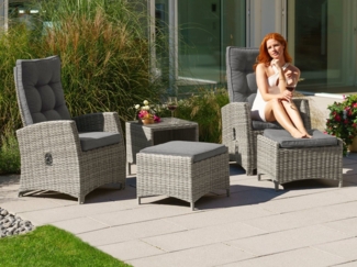 KONIFERA Gartenlounge-Set Monaco, (Set, 11-tlg, 2x Sessel, 2x Hocker, 1x Tisch 49x49 cm, inkl. Auflagen, Aluminium), Polyrattan, Rückenlehnen stufenlos verstellbar