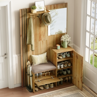 Merax Garderobenset, Kompaktgarderobe, Flurgarderobe mit Spiegel und Kissen, mit schwarzer Zierleiste und Schirmablage, Wohnwand, Regal, Flur- und Dielengarderobe, Schuhschrank