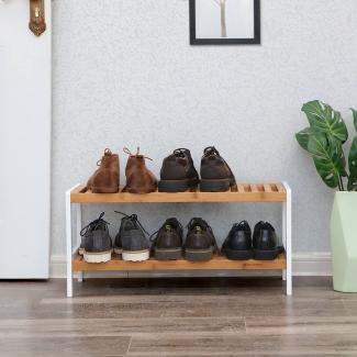 Schuhregal aus Bambus, Schuhablage mit 2 Ebenen, Schuh-Organizer, Regal für Schuhe, Pflanzen, Bücher, Wohnzimmer, Flur, Schlafzimmer, Badezimmer, 70 x 26 x 33 cm, weiß-naturfarben LBS02H