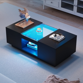 OKWISH Couchtisch Couchtisch mit Glastischplatte und Schublade (Sofatisch, Wohnzimmertisch, Beistelltisch Hochglanz mit LED inkl. APP), Glasverkleidung, App-Steuerung, 100x50x35,5cm