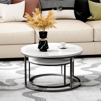 2-teiliges Couchtisch-Set, Rundem Design, mit Ablage, Beistelltisch aus MDF, Metallrahmen, 45x80x80cm, Weiß+Schwarz