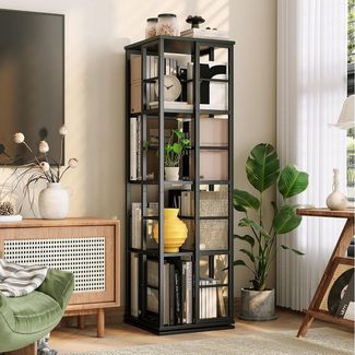 GarveeMore Bücherregal drehbar mit 4 Ebenen,360°-Display,40 x 40 x 137.5 cm, freistehendes Standregal für Wohnzimmer,Schlafzimmer,Arbeitszimmer