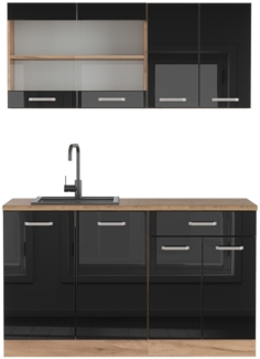 Vicco Singleküche Schwarz Hochglanz/Goldkraft Eiche 140 cm , AP Eiche, R-Line