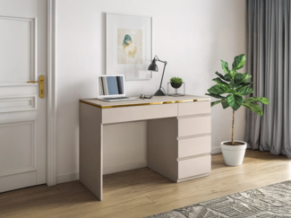 Vente-unique - Schreibtisch - 5 Schubladen - Beige & Goldfarben - VUKIA von Pascal Morabito